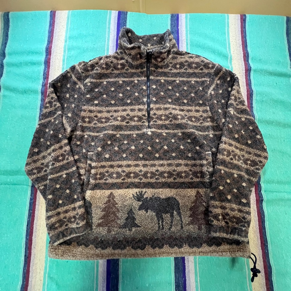 Woolrich Fleece Pullover Womens L Brown Moose Fair Isle 1/4 Zip Made in USA